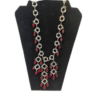 Vintage  Chicos Silver Necklace With Red Dangling Beads Textured Links 19 1/2" J